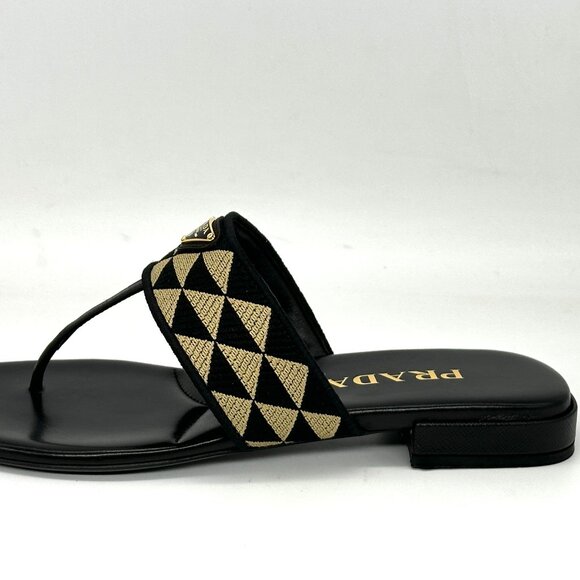 PRADA Triangular Triangle Logo Jacquard Woven T Strap Thong Flat Sandals - Picture 4 of 16